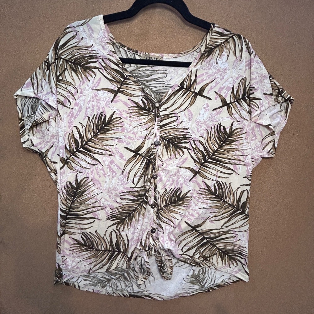 Lavish Tropical Palm Leaf Button Front Tie Hem Top Womens Large Pink‎ Brown Boho